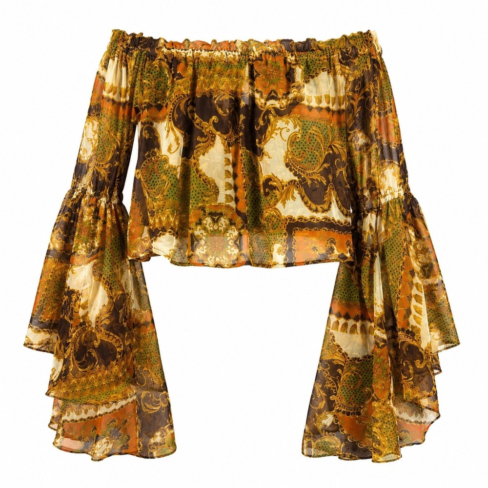 Off Shoulder Crop S Top Bell Sleeve Baroque Scarf Print Boho NWT Earthy Hippie